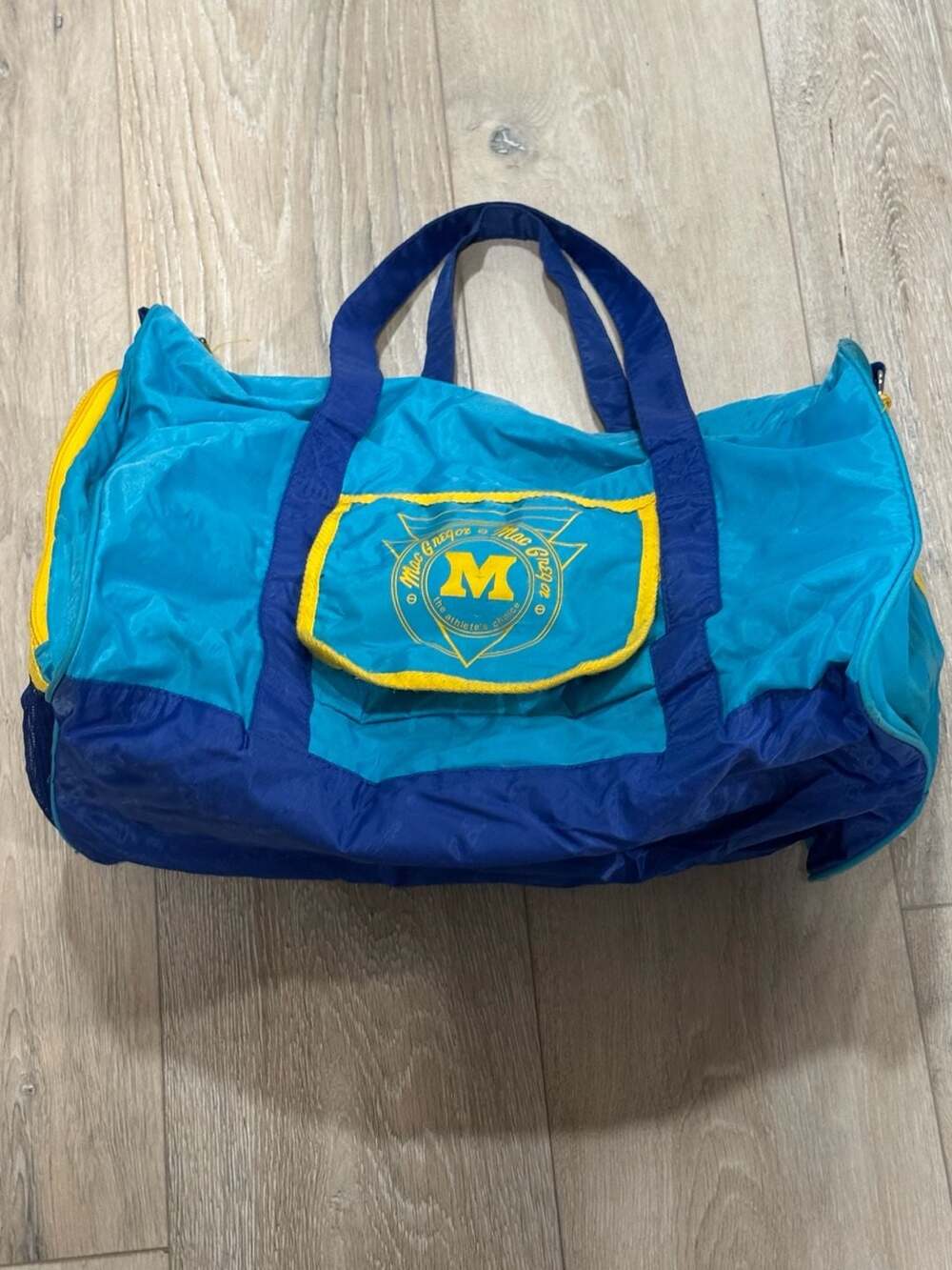 Vintage 80s 90s Colorblock Duffle Gym Bag Teal Blue Yellow Retro Athletic